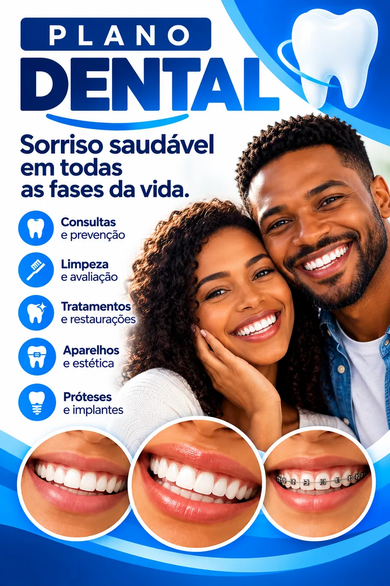 Arte Plano Dental, sorriso saudável em todas as fases da vida: consultas e prevenção, limpeza e avaliação, tratamentos e restaurações, aparelhos e estética, próteses e implantes, com um casal sorrindo