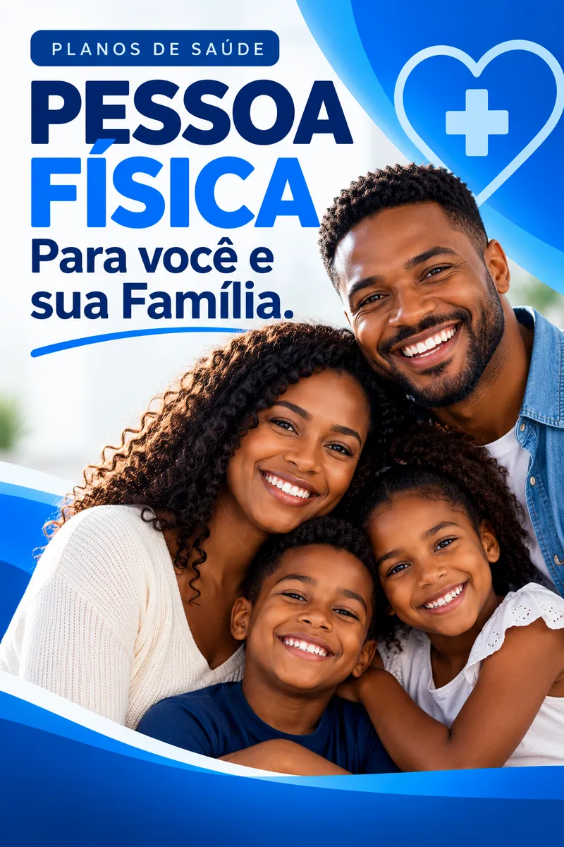 Arte Planos de Saúde Pessoa Física, para você e sua família: pai, mãe e dois filhos sorrindo abraçados