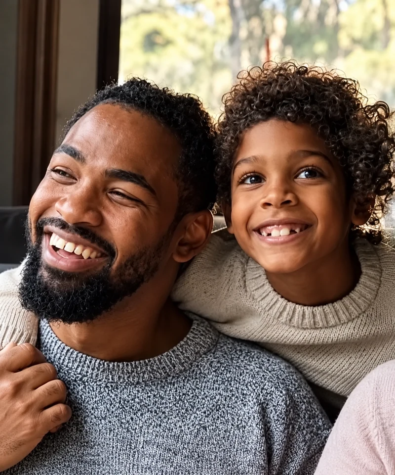Pai e filho sorrindo juntos no sofá, imagem de um post do Instagram do Anderson Muquem